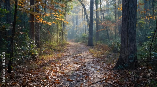 Peaceful forest trail with fallen leaves and dappled sunlight, illustrating nature's quiet charm