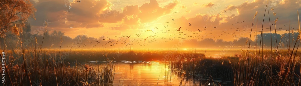 Serene coastal marsh with migratory birds and golden light, representing natural habitats Serene coastal marsh with migratory birds and golden light, representing natural habitats