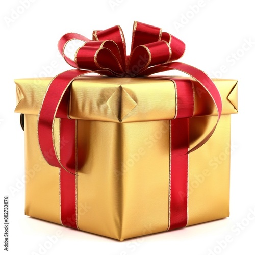 Elegant Red Ribbon and Bow with Golden Gift Box Isolated on White Background. Perfect for Anniversary, Holiday, and Birthday Gift Marketing Ads. High-Definition AI-Generated Design for Promotional Use