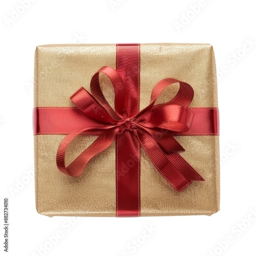 Elegant Red Ribbon and Bow with Golden Gift Box Isolated on White Background. Perfect for Anniversary, Holiday, and Birthday Gift Marketing Ads. High-Definition AI-Generated Design for Promotional Use