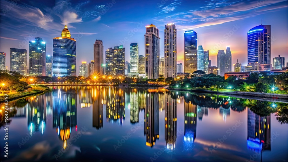 Fototapeta premium Night view of Jakarta city skyline with illuminated buildings and reflections on the river, Jakarta, Indonesia, night