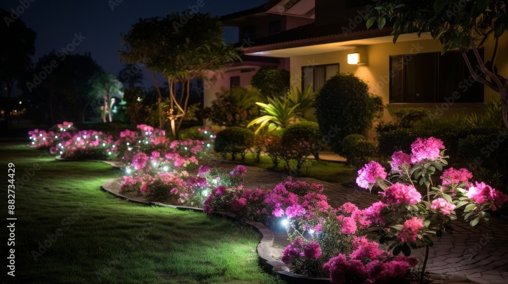 Modern garden illuminated pathway ambient lighting in residential landscape design Modern garden illuminated pathway ambient lighting in residential landscape design