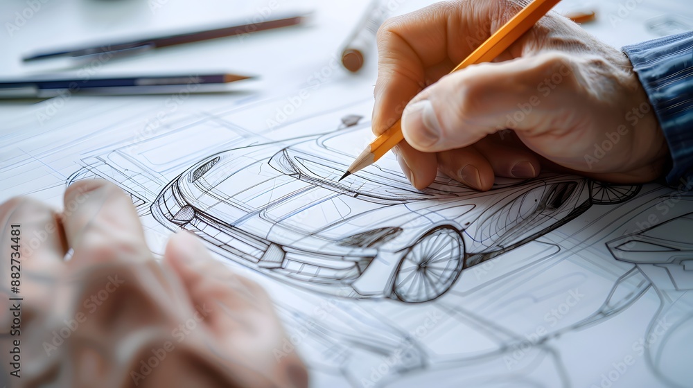 Conceptual artwork featuring a close-up view of an engineer's hands holding a pencil, skillfully outlining the contours of a futuristic car on lined paper. The composition emphasizes the blend of Conceptual artwork featuring a close-up view of an engineer's hands holding a pencil, skillfully outlining the contours of a futuristic car on lined paper. The composition emphasizes the blend of