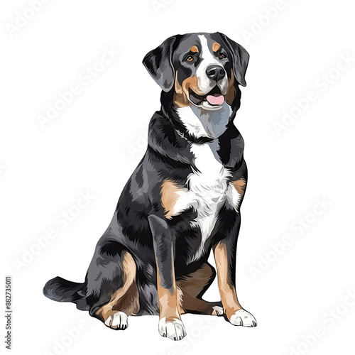 Illustration of Greater Swiss Mountain Dog,  Mightly Taskmasters in white background.