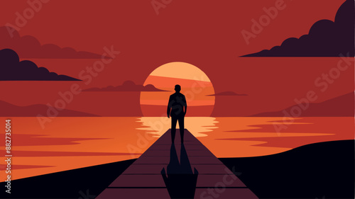 Silhouette of a man walking on a pier at sunset, fiery sky and calm water, medium shot emphasizing the solitary figure