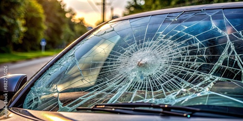 Cracked front windshield of a car after hit by a stone, car, vehicle, front glass, cracked, damaged