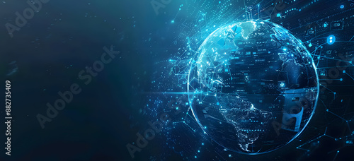 blue hologram globe with world map with glowing data streams, ai global communication networks, virtual reality simulations, geospatial data visualization, and interactive educational experience.