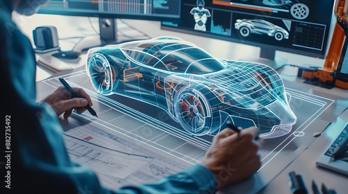 High-angle view of a digital composition showcasing an engineer engaged in drafting the outline of a futuristic car on lined paper. The detailed lines and contours reflect the engineer's commitment