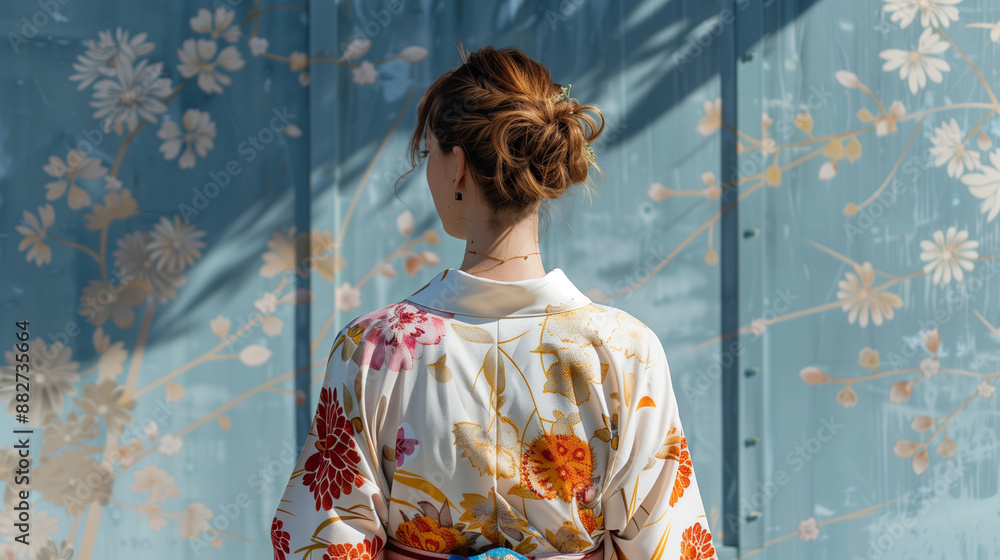 Fototapeta premium Wallpaper background of a woman in a kimono with a back view