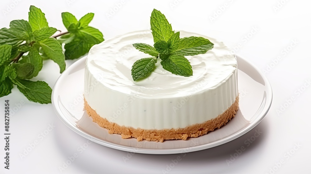 Top view of coconut cream pie garnished with mint leaves on white background with copy space Top view of coconut cream pie garnished with mint leaves on white background with copy space