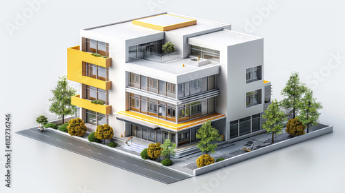 3d illustration of a minimalist hotel in axonometric projection, Toy style. on white background