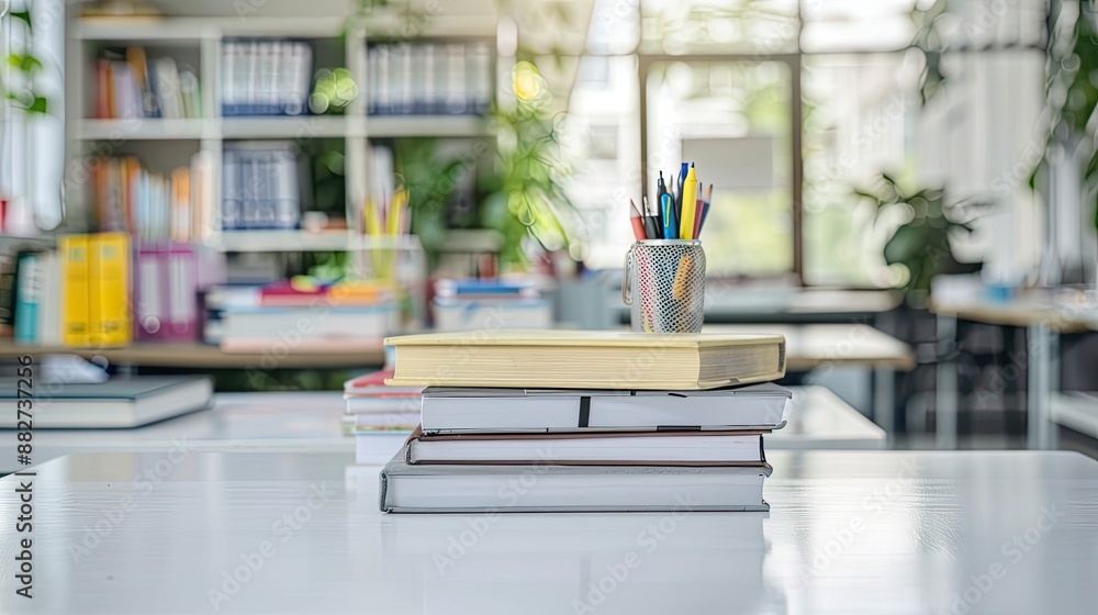 white table with books, stationery and copy space in blurred study room white table with books, stationery and copy space in blurred study room