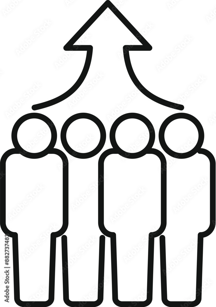 Four business people are standing together under a rising arrow symbolizing growth Four business people are standing together under a rising arrow symbolizing growth
