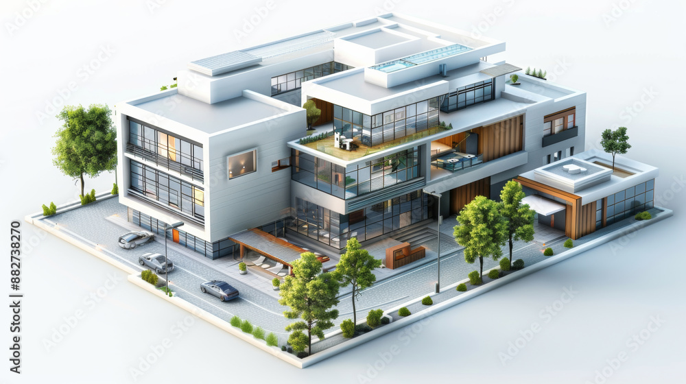 3d illustration of a minimalist hotel in axonometric projection, Toy style. on white background 3d illustration of a minimalist hotel in axonometric projection, Toy style. on white background