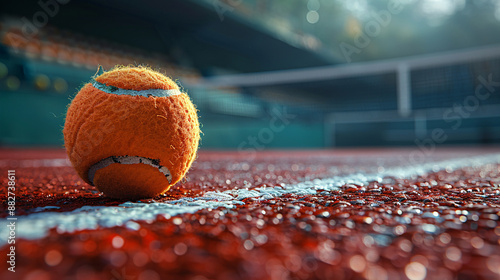 A close-up of a worn tennis ball on a red tennis court, with blurred background, highlighting the ball’s texture photo