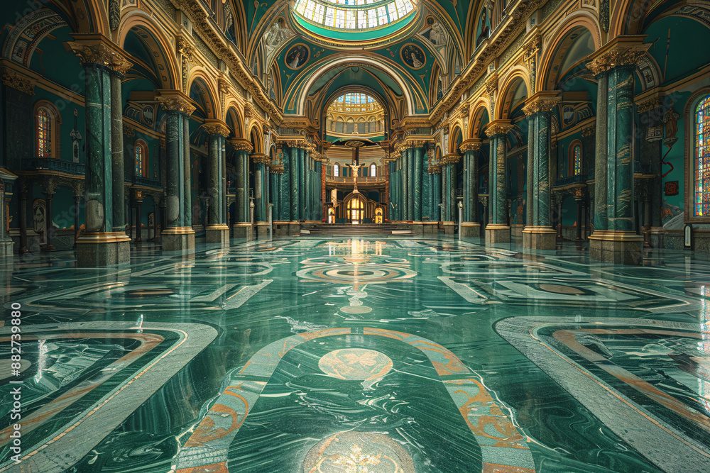 Obraz premium Grand interior of a basilica with intricate green marble flooring, arched columns, and a skylit dome, exuding opulence and grandeur