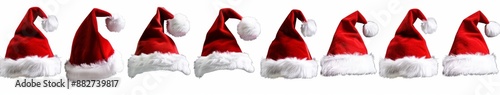 Row series of red santa hats with white pom poms, christmas, holidays, isolated, white background, generated aFestive Row of Red Santa Hats with White Pom-Poms on Isolated White Background. Perfect fo photo