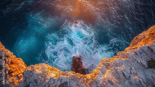 A breathtaking view of a rocky cliff edge with waves crashing against it, captured with vibrant colors and dramatic lighting