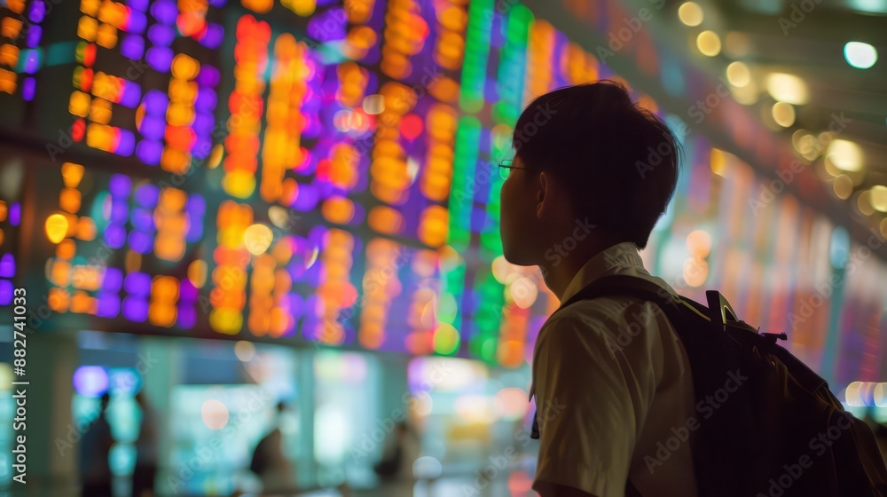 people at the airport, a passenger looking at the departures board at the airport. people at the airport, a passenger looking at the departures board at the airport.