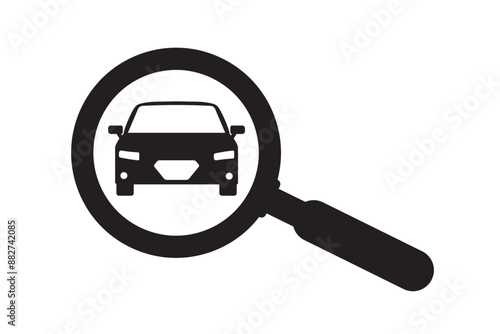 Black and white magnifying glass and car icon. Search rental service, carsharing or auto dealer. Monochrome design.