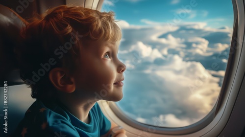 happy boy on a plane, looki...