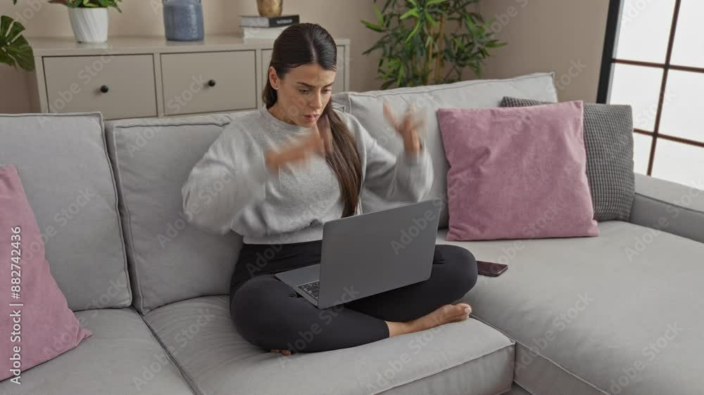 A young, beautiful hispanic woman feeling worried and stressed while using a laptop in her living room. A young, beautiful hispanic woman feeling worried and stressed while using a laptop in her living room.