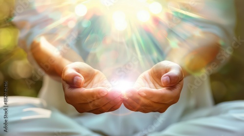 hands reach skyward, bathed...