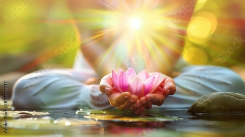 hands reach skyward, bathed...