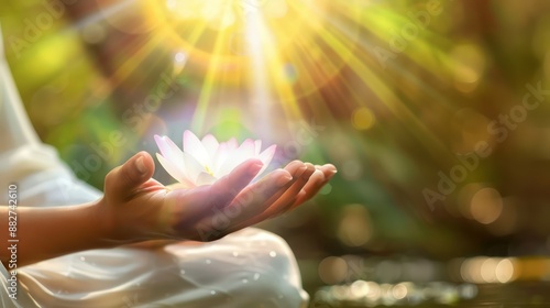 hands reach skyward, bathed...