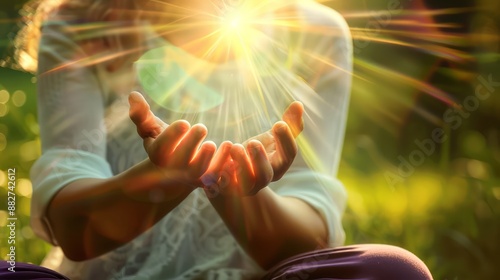 hands reach skyward, bathed...