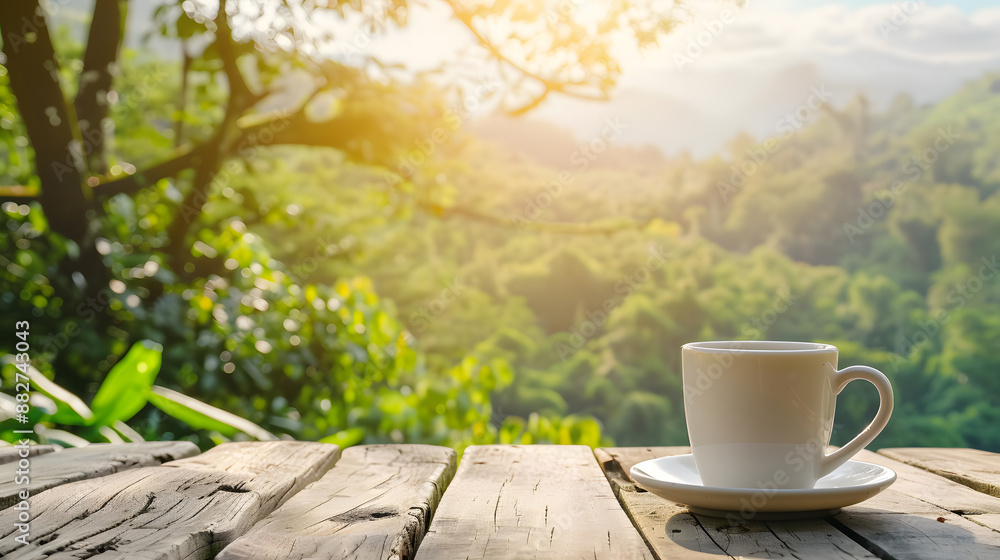 Close up white coffee cup on wood table and view of nature background Close up white coffee cup on wood table and view of nature background