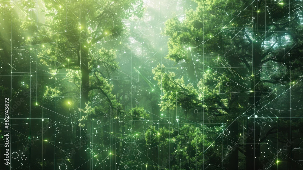 Obraz premium Futuristic digital forest concept with green technology and ecology network. Background for technological processes, science, presentations, education, etc