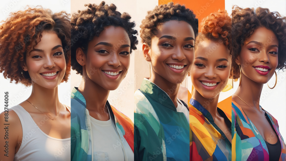 Four young women with beautiful curly hair pose for a photo, their bright smiles and colorful clothing creating a vibrant and positive atmosphere Four young women with beautiful curly hair pose for a photo, their bright smiles and colorful clothing creating a vibrant and positive atmosphere