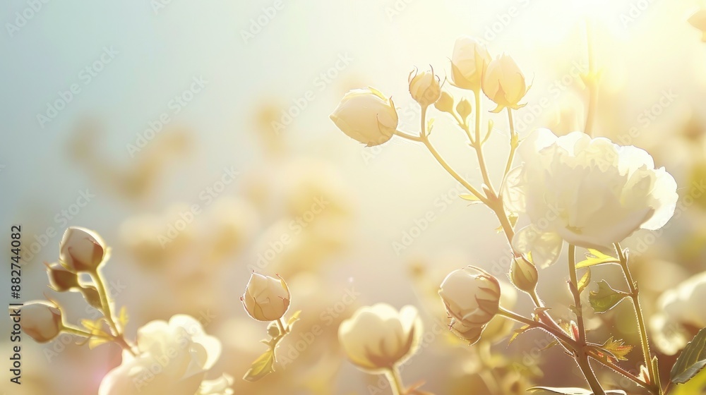 Cotton plant grown for industry with flower in sunlight Text space background