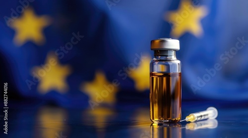 COVID 19 vaccine vial on EU flag background Europe vaccination concept