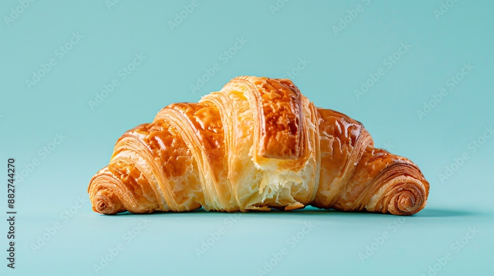 A croissant with a bite taken out, set on a cool teal background A croissant with a bite taken out, set on a cool teal background