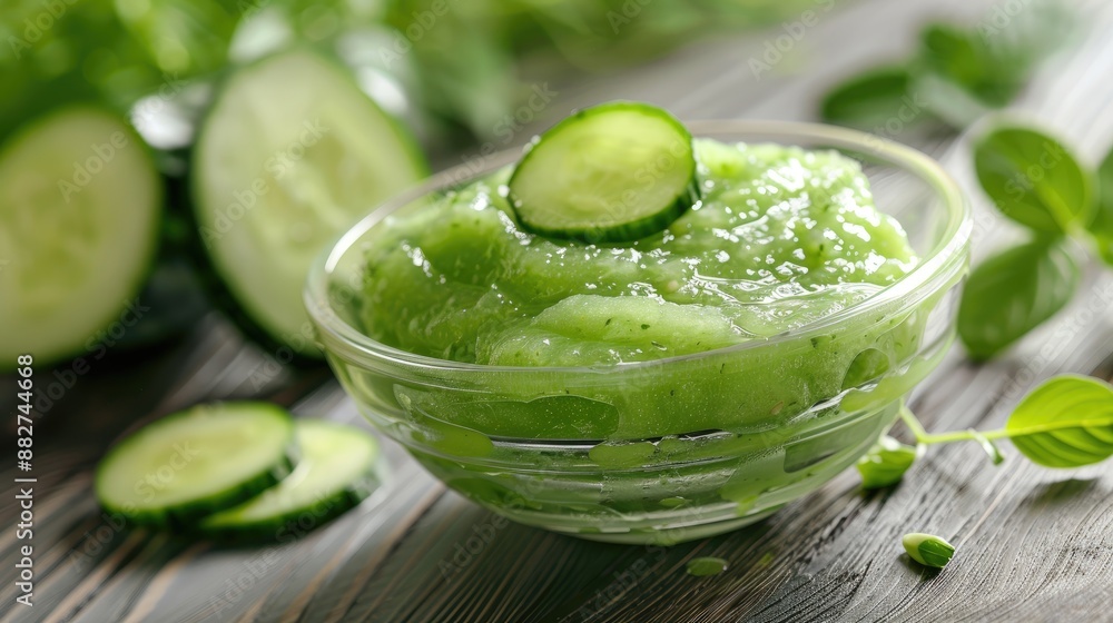 Cucumber puree in a glass bowl for a homemade spa treatment Cucumber puree in a glass bowl for a homemade spa treatment