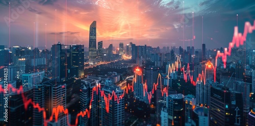 Graph overlay on cityscape showing economic trends and data analysis, depicting the intersection of urban development and financial analytics