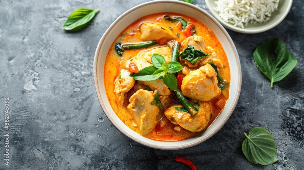 Curry chicken with bamboo shoots in a white bowl with empty space Curry chicken with bamboo shoots in a white bowl with empty space