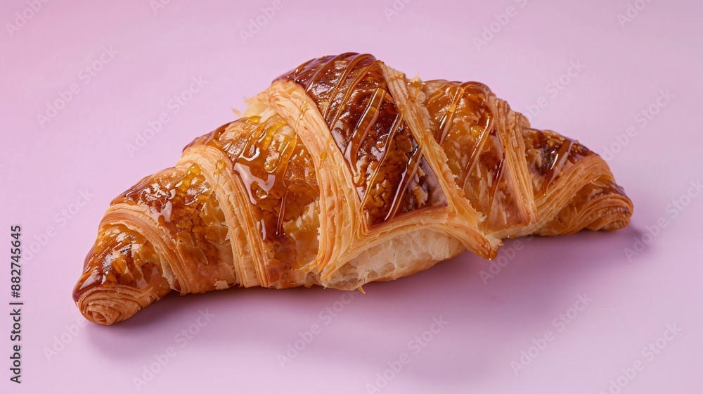 A croissant with golden syrup drizzle, displayed on a pastel lavender background A croissant with golden syrup drizzle, displayed on a pastel lavender background