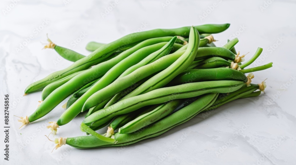 Green bean pods with exposed beans on a cream background, highlighting natural simplicity. Green bean pods with exposed beans on a cream background, highlighting natural simplicity.