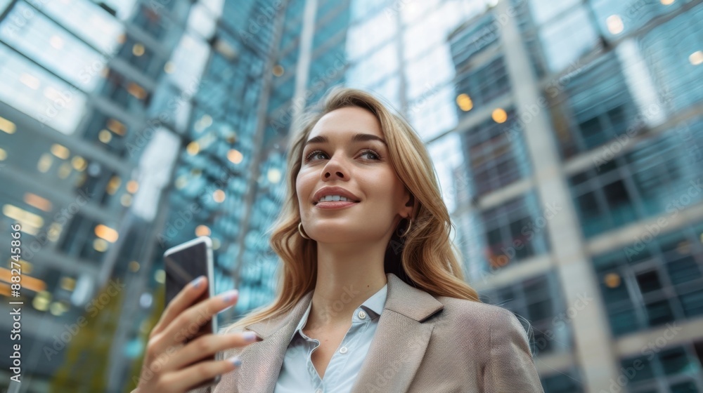 Businesswoman talking on a smartphone in front of office buildings, representing corporate communication. Businesswoman talking on a smartphone in front of office buildings, representing corporate communication.