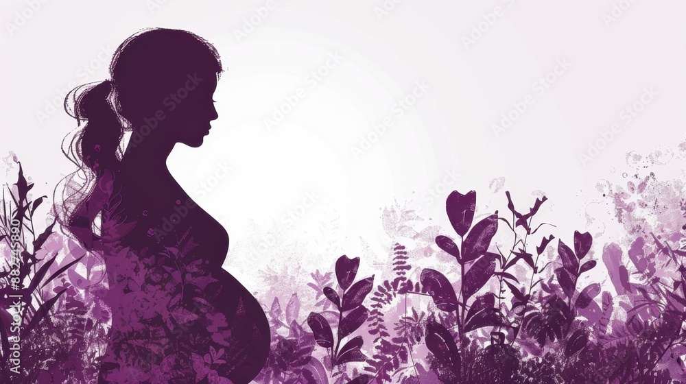 Pregnant woman over a purple tone with plants on a white background, blending calmness and growth. Pregnant woman over a purple tone with plants on a white background, blending calmness and growth.