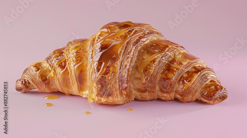 A croissant with golden syrup drizzle, displayed on a pastel lavender background photo