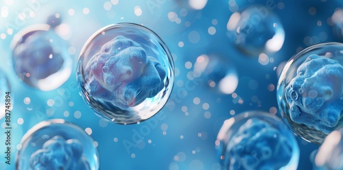 Wallpaper Mural Microscopic cells encapsulated within translucent orbs set against a tranquil blue background Torontodigital.ca
