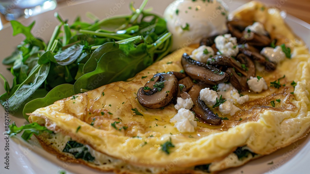 A gourmet omelette filled with truffle oil, wild mushrooms, spinach, and goat cheese, served with a side of mixed greens A gourmet omelette filled with truffle oil, wild mushrooms, spinach, and goat cheese, served with a side of mixed greens