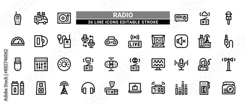 36 Radio Line Icons Set Pack Editable Stroke Vector Illustration.
