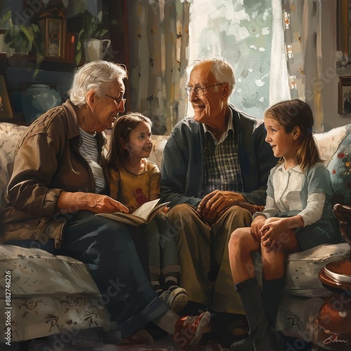 Grandparents Reading to Grandchildren on a Couch in a Sunlit Room