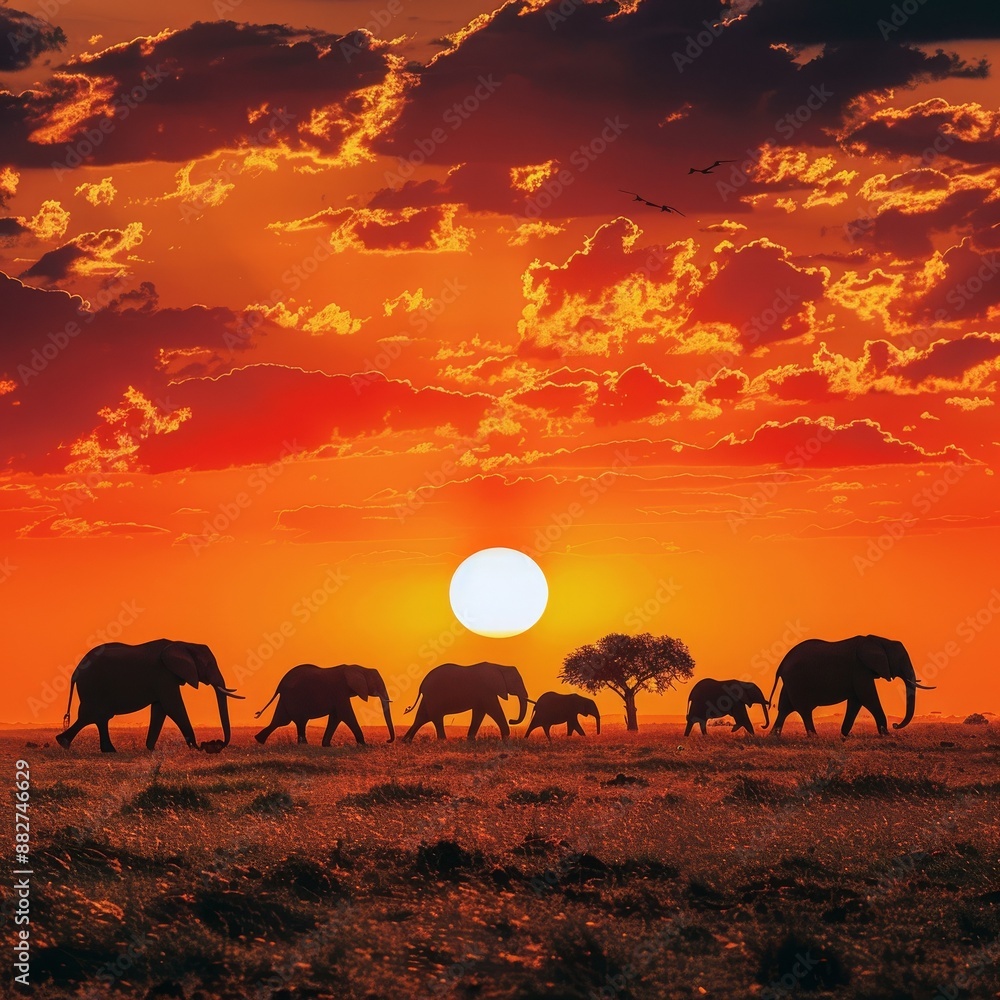 Fototapeta premium Elephant Herd Silhouette Against African Sunset