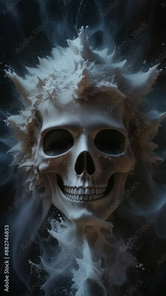 Death concept. Human creepy skull and flying white powder on black vertical background. Horror animation looped Death concept. Human creepy skull and flying white powder on black vertical background. Horror animation looped